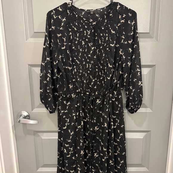 UNIQLO Women’s Floral Sheer Dress Black Size L Waist Tie Midi 100% Polyester - Picture 1 of 2